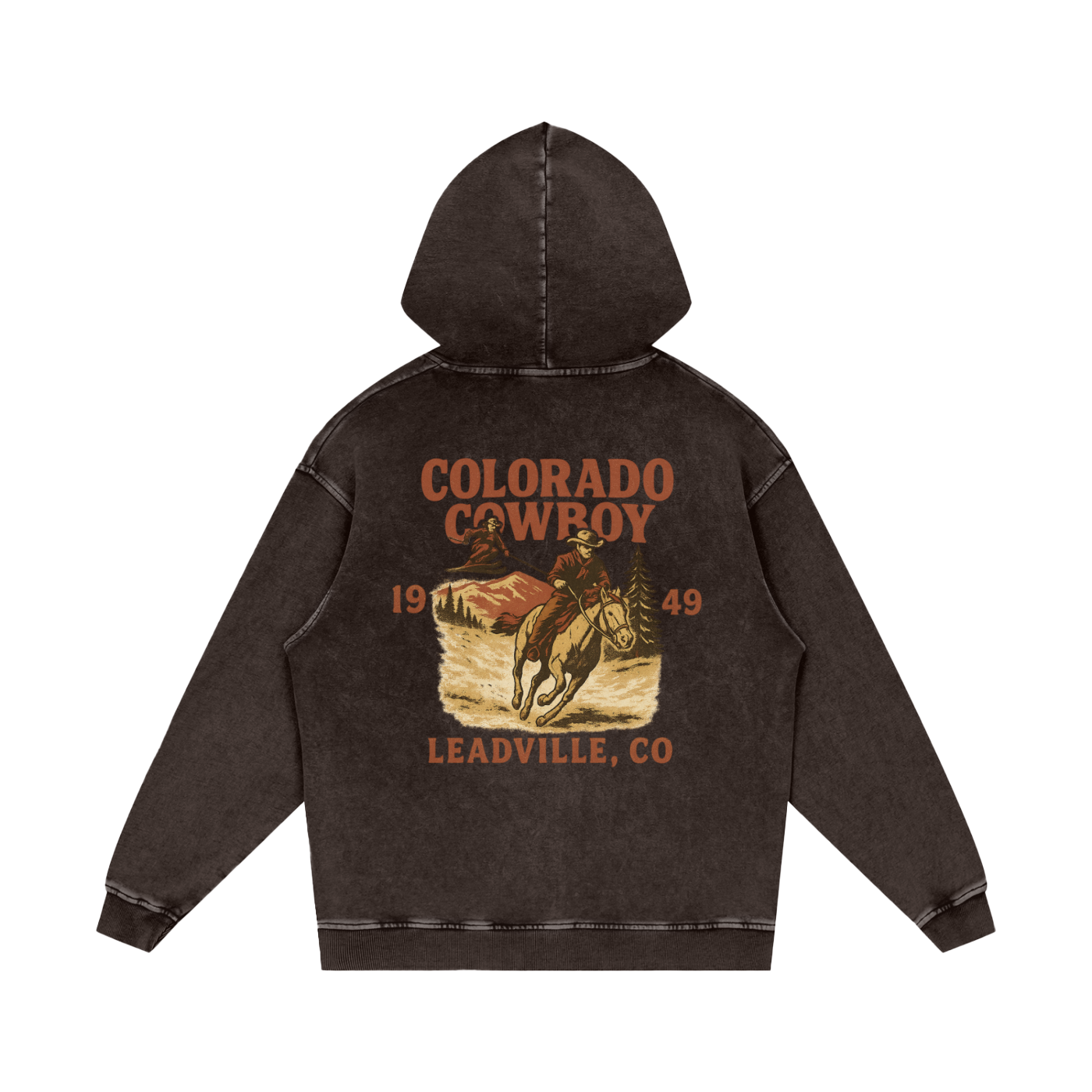 Back view of Espresso Colorado Cowboy hoodie featuring western-style cowboy graphic with horse and Leadville, Colorado text.