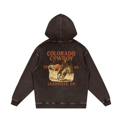Back view of Espresso Colorado Cowboy hoodie featuring western-style cowboy graphic with horse and Leadville, Colorado text.
