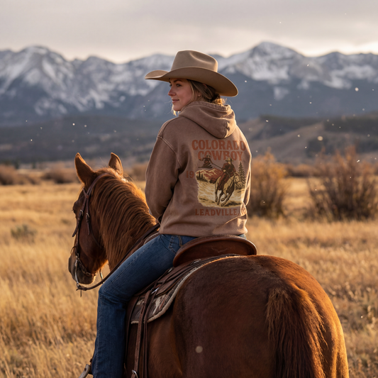 Female model wearing the Colorado Cowboy hoodie in Sand, riding a horse. 