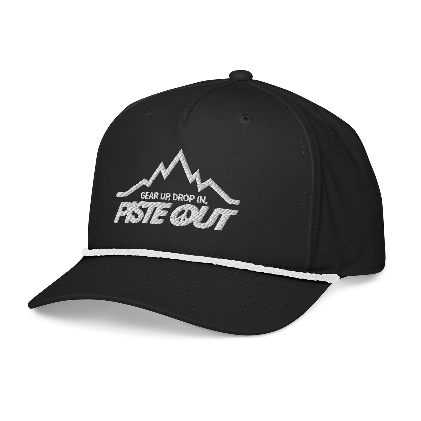 Angled view of Mountain Lines Rope Hat in Black Diamond color showing white embroidered mountain design and rope detail above the brim.