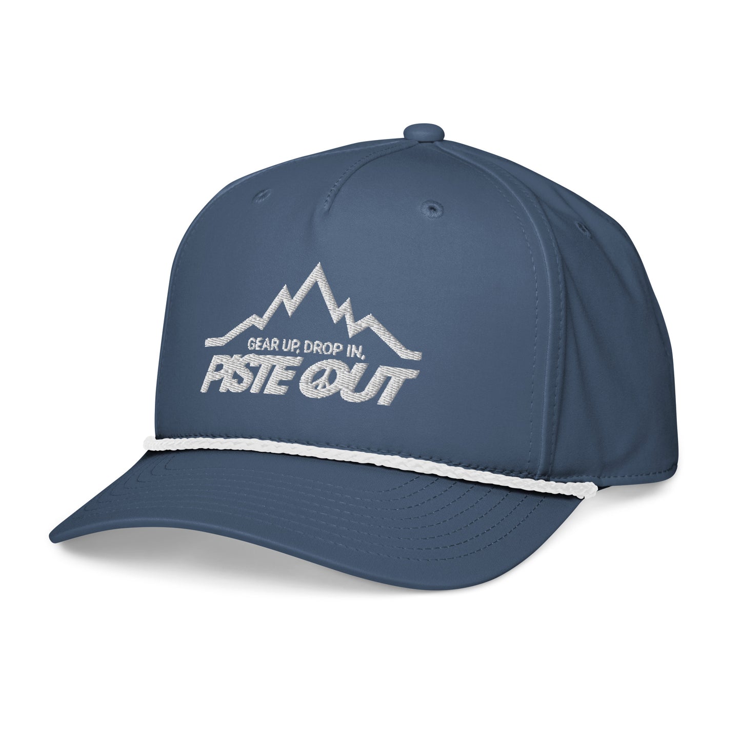Angled view of Mountain Lines Rope Hat in Blue Square color showing white embroidery of mountain design and light blue rope accent.