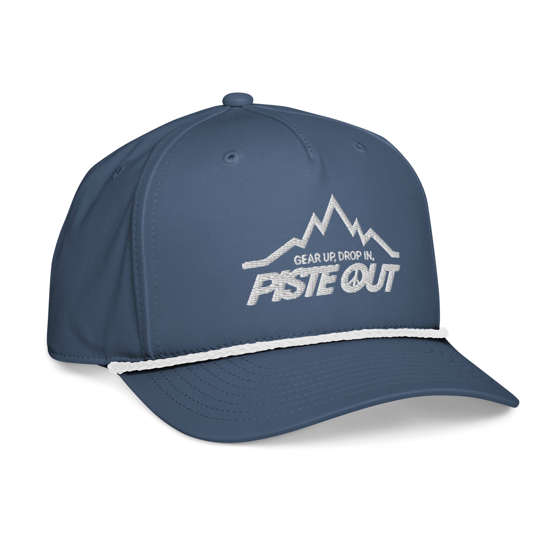 Angled view of Mountain Lines Rope Hat in Blue Square color showing white embroidery of mountain design and light blue rope accent.