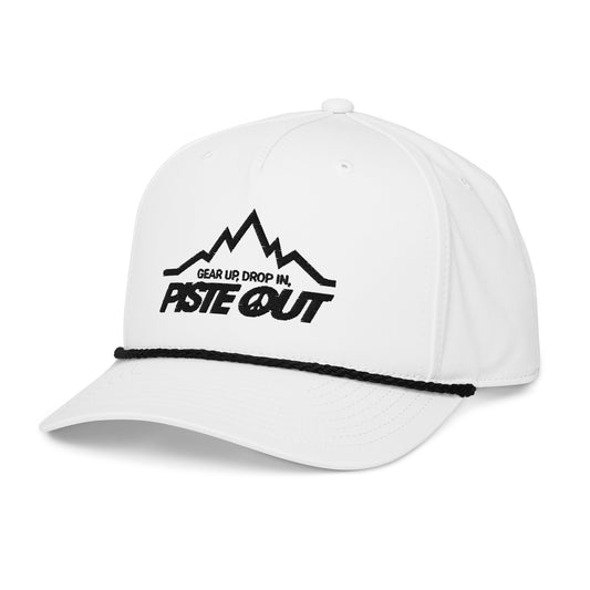 Angled left view of Mountain Lines Rope Hat in Snow color showing black embroidery of mountain design and black rope accent detail.
