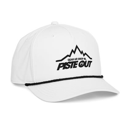 Angled right view of Mountain Lines Rope Hat in Snow color featuring white panels, black embroidered logo, and black rope accent above the brim.