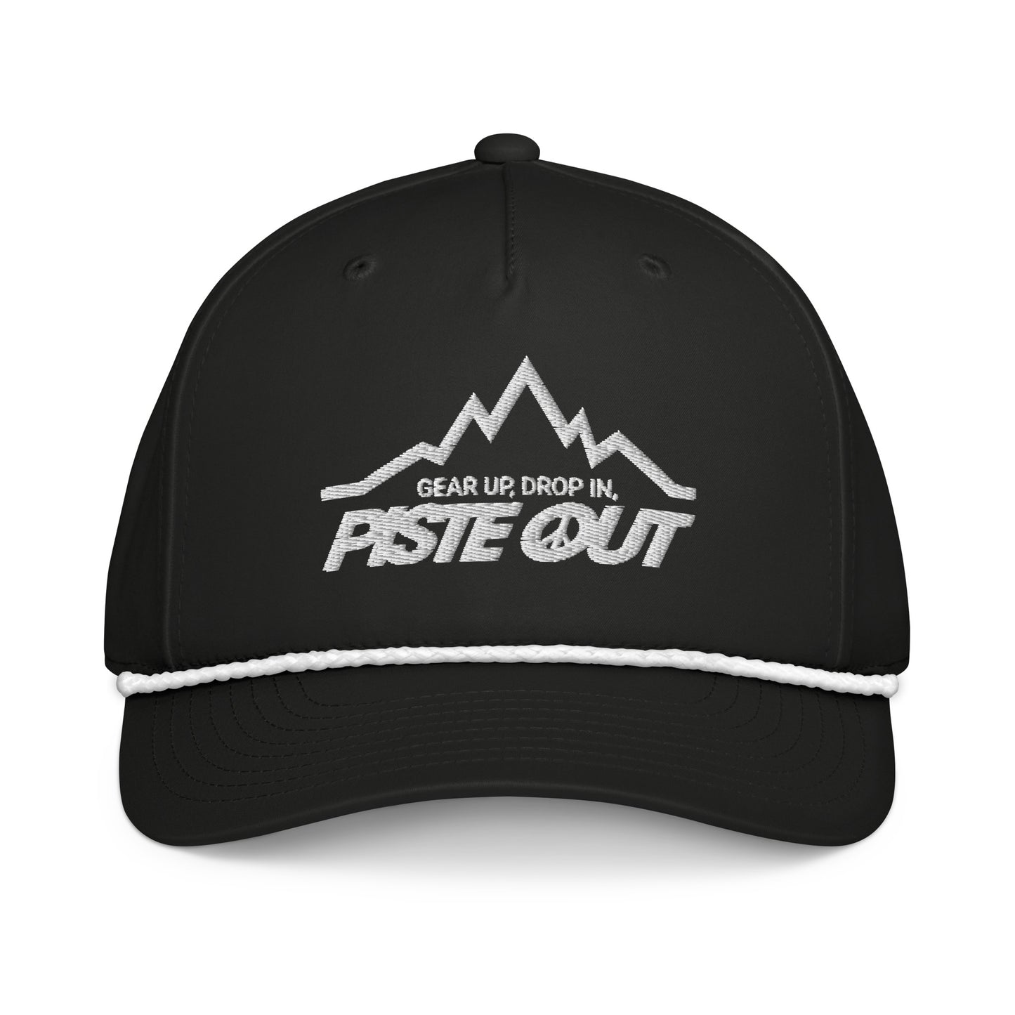 Front view of Mountain Lines Rope Hat in Black Diamond color with white embroidered mountain logo, Piste Out text, and white rope accent above the brim.