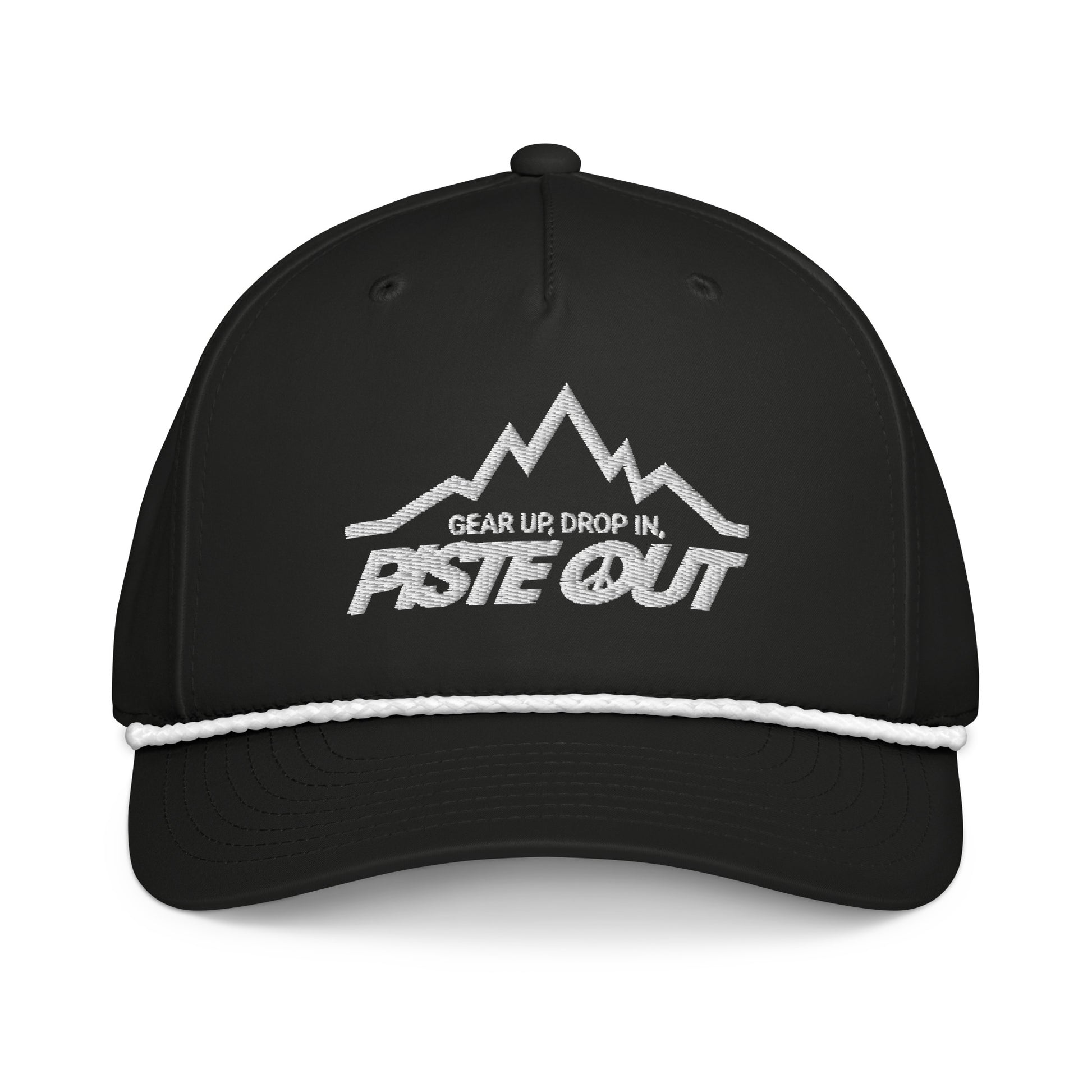 Front view of Mountain Lines Rope Hat in Black Diamond color with white embroidered mountain logo, Piste Out text, and white rope accent above the brim.