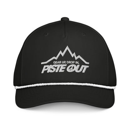 Front view of Mountain Lines Rope Hat in Black Diamond color with white embroidered mountain logo, Piste Out text, and white rope accent above the brim.