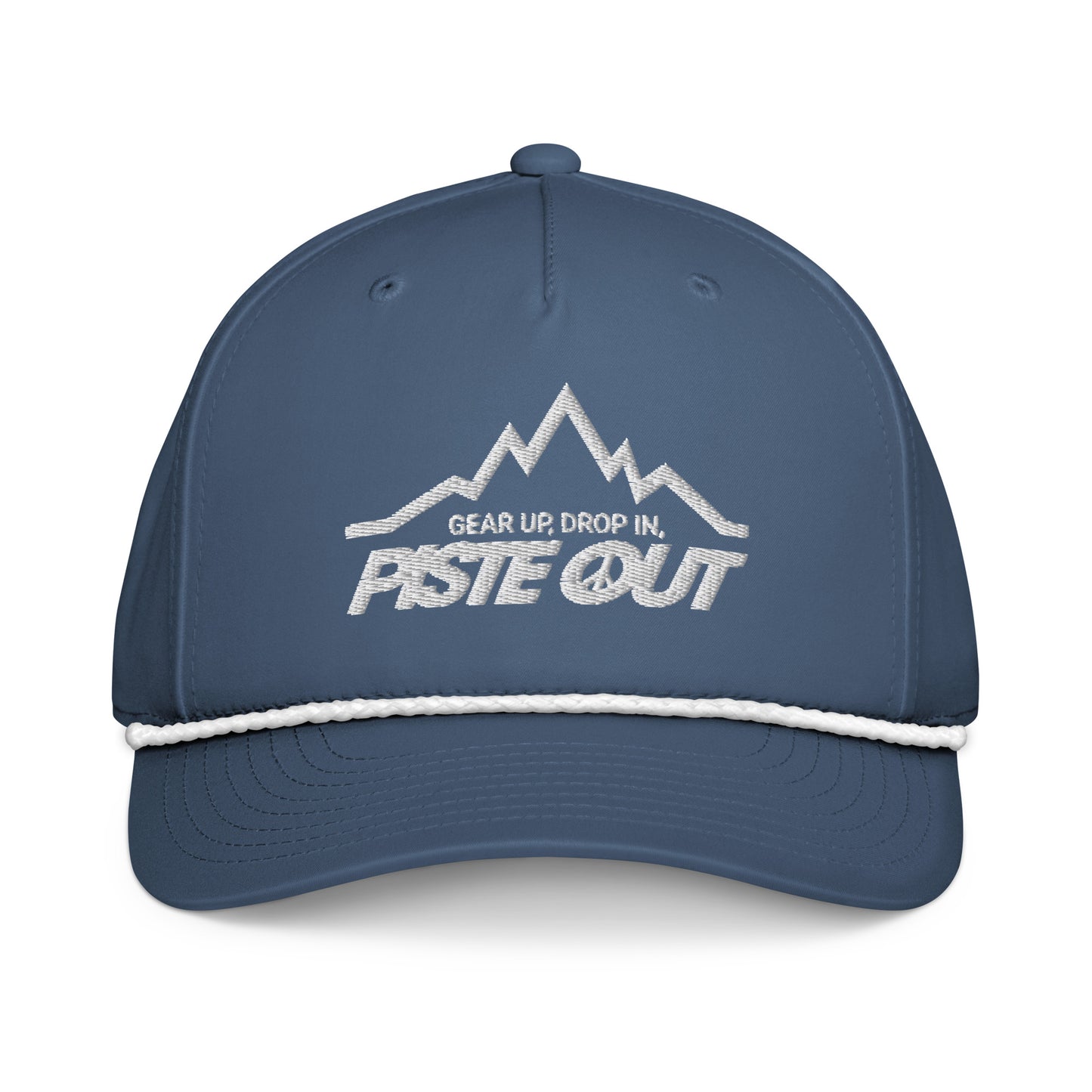 Front view of Mountain Lines Rope Hat in Blue Square color with white embroidered mountain logo, Piste Out text, and light blue rope accent above the brim.