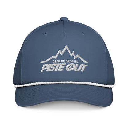 Front view of Mountain Lines Rope Hat in Blue Square color with white embroidered mountain logo, Piste Out text, and light blue rope accent above the brim.