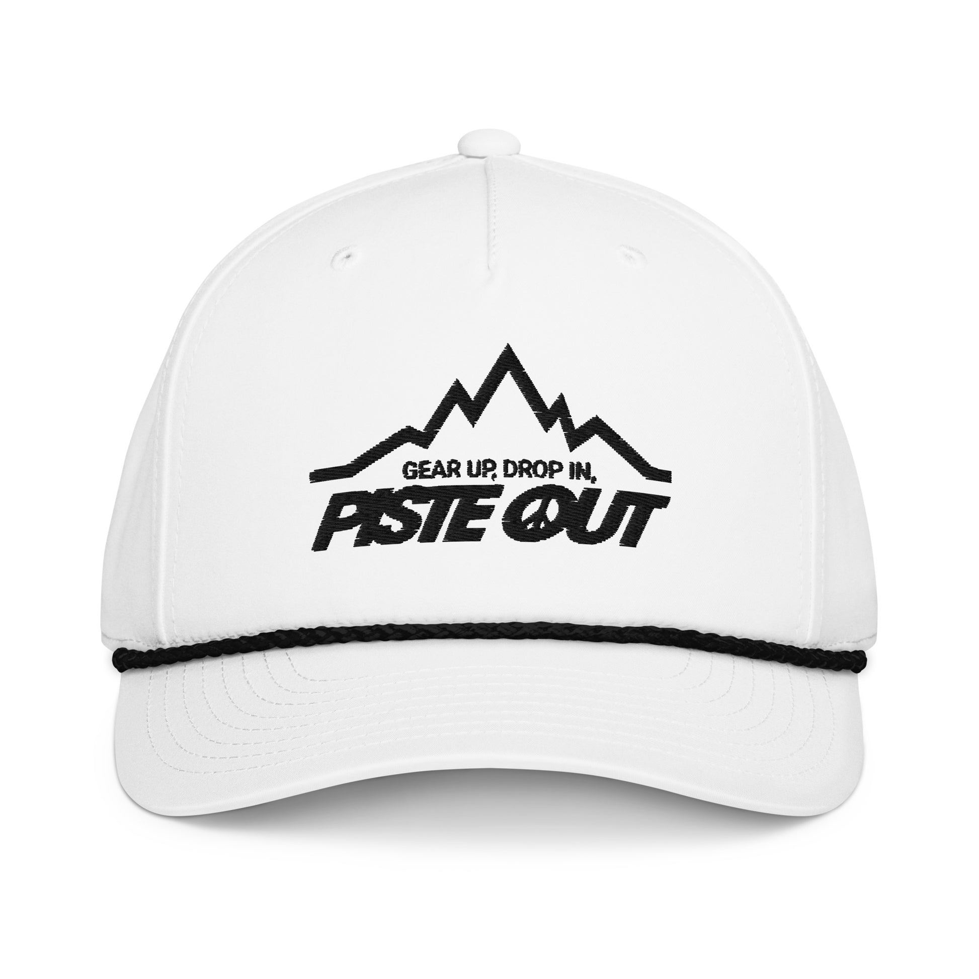 Front view of Mountain Lines Rope Hat in Snow color with black embroidered mountain logo, Piste Out text, and black rope accent above the brim.