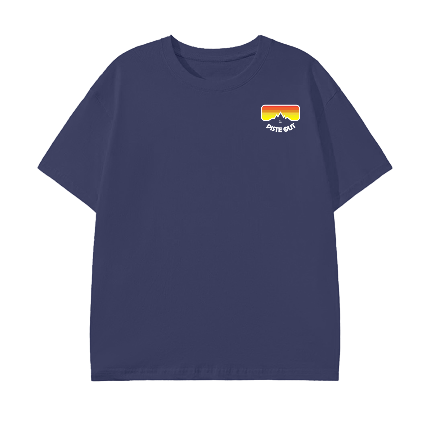 Front view of Piste Out Logo Tee in Blue Square color, featuring the retro ski goggle logo on dark blue cotton fabric.