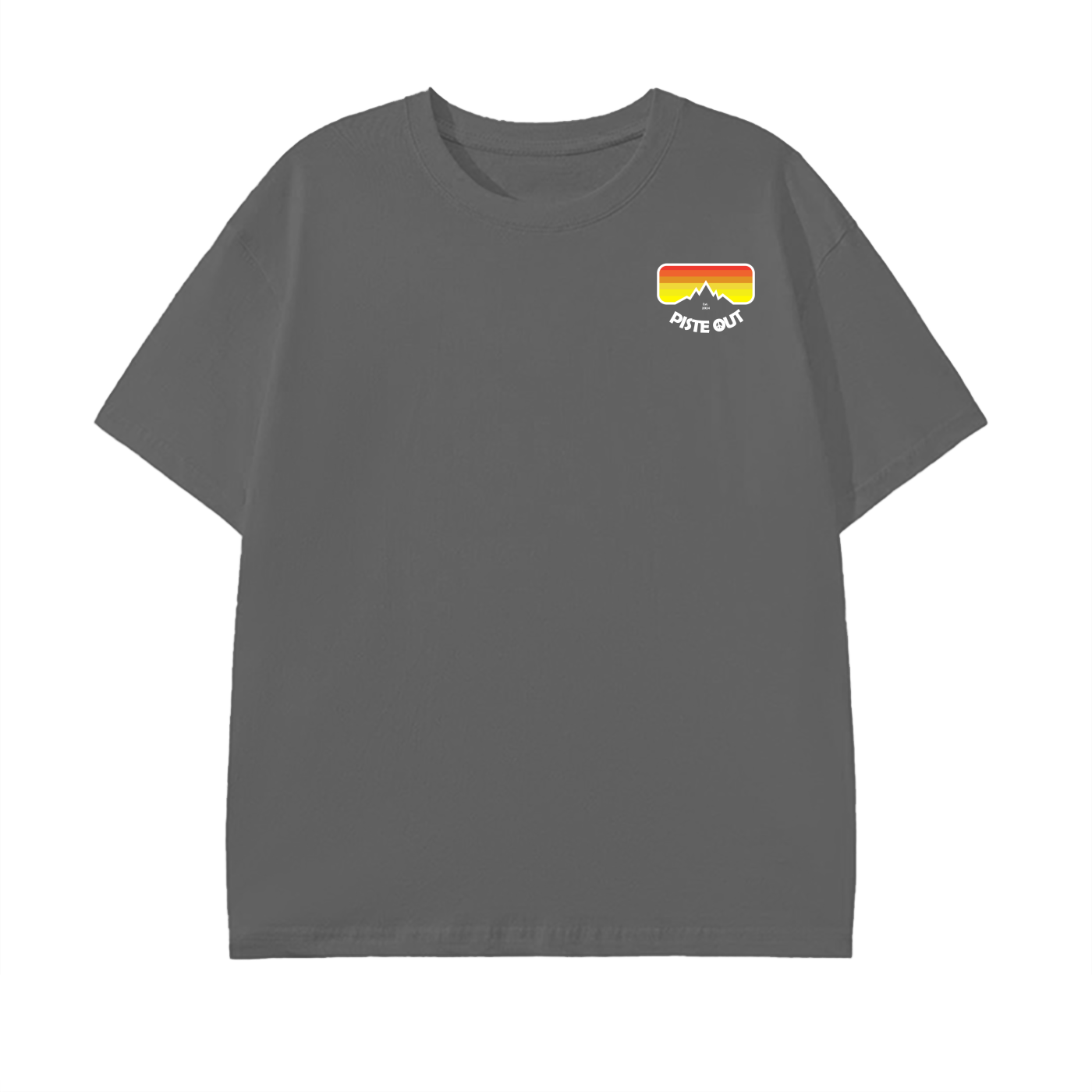 Front view of Piste Out Logo Tee in Charcoal Gray color, featuring the retro ski goggle logo on soft dark gray cotton.