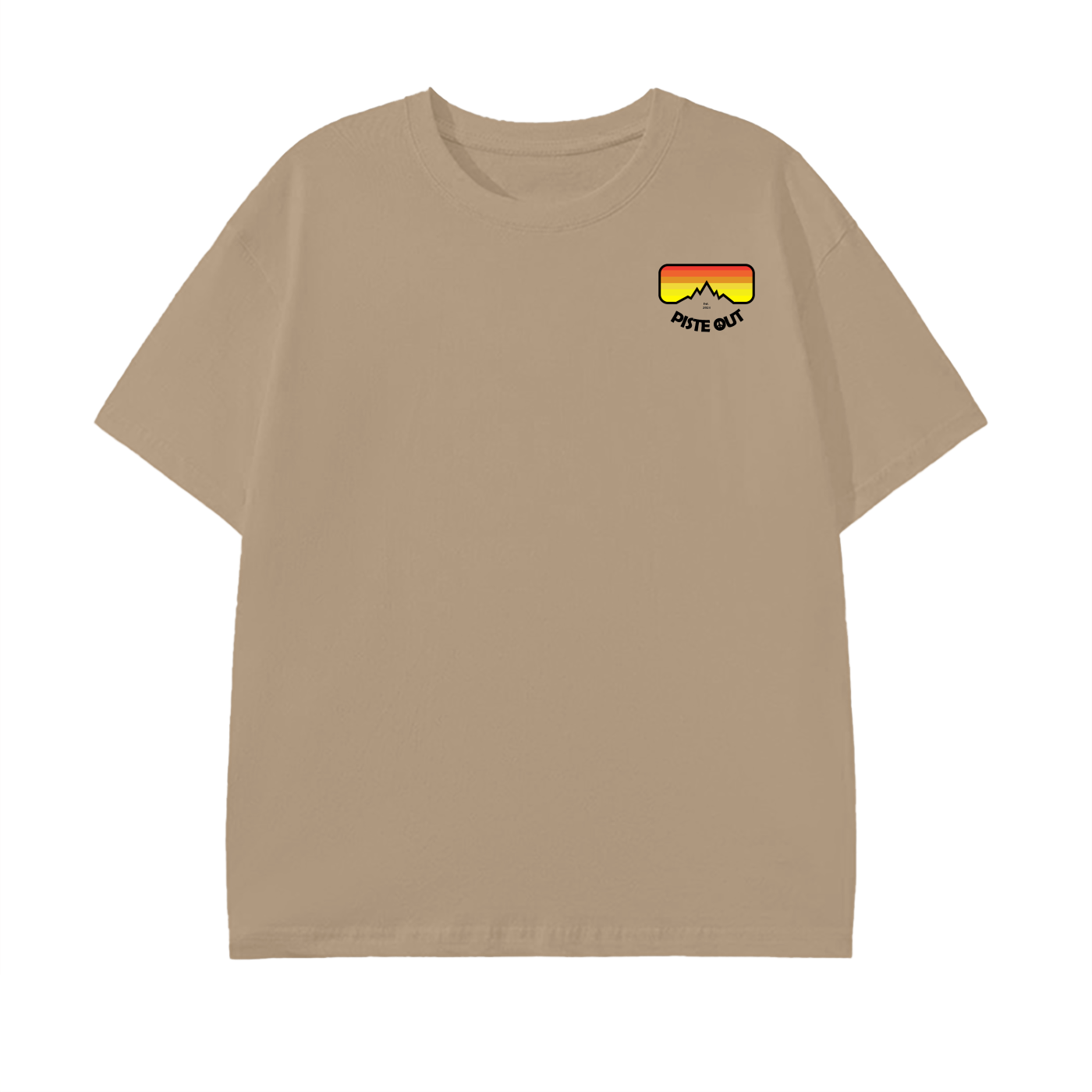 Front view of the Piste Out Logo Tee in Khaki showing the main Piste Out logo printed on a soft peach-tone cotton shirt. Relaxed unisex fit for everyday mountain wear.