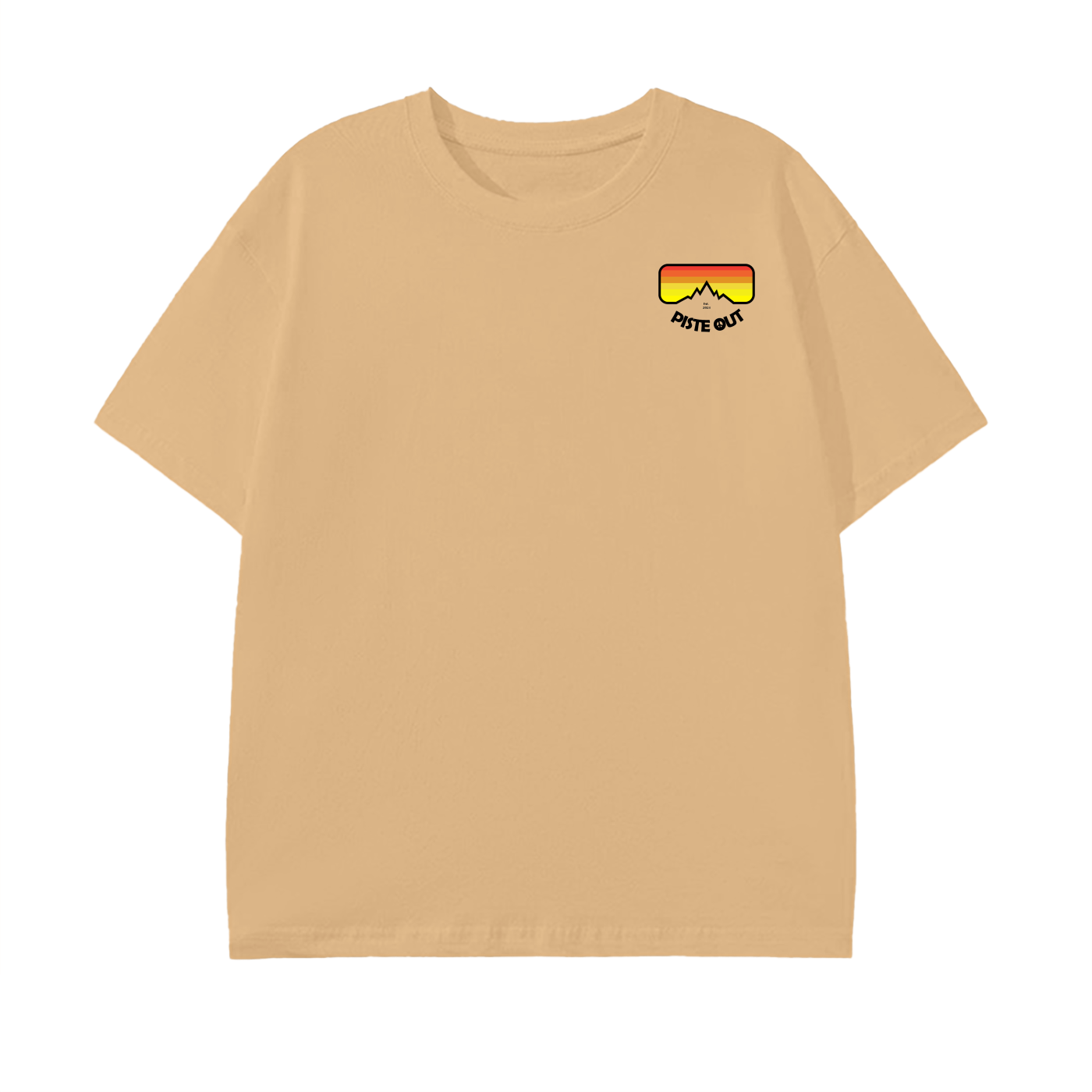 Front view of the Piste Out Logo Tee in Khaki showing the main Piste Out logo printed on a soft peach-tone cotton shirt. Relaxed unisex fit for everyday mountain wear.