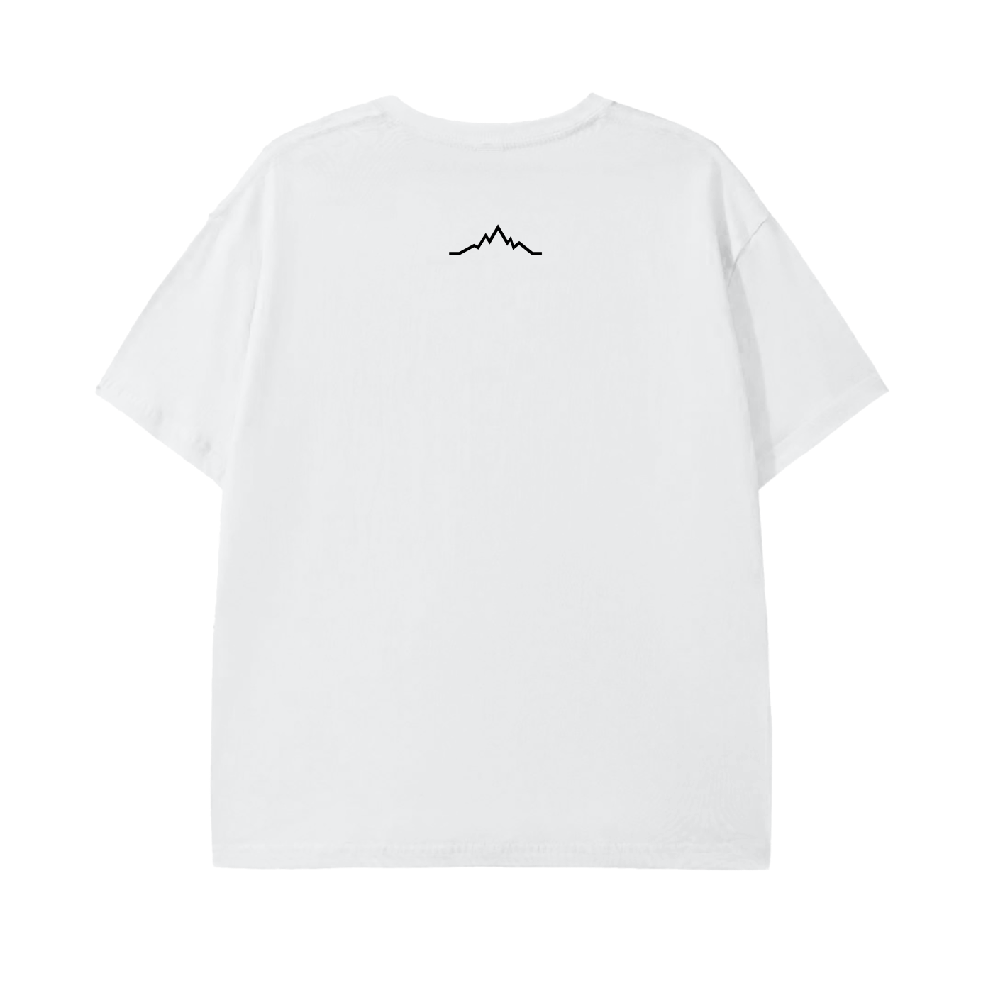 Back view of the Piste Out Logo Tee in Snow white, featuring the minimalist black mountain line design beneath the neckline on a white cotton shirt. Subtle ski-inspired detailing.