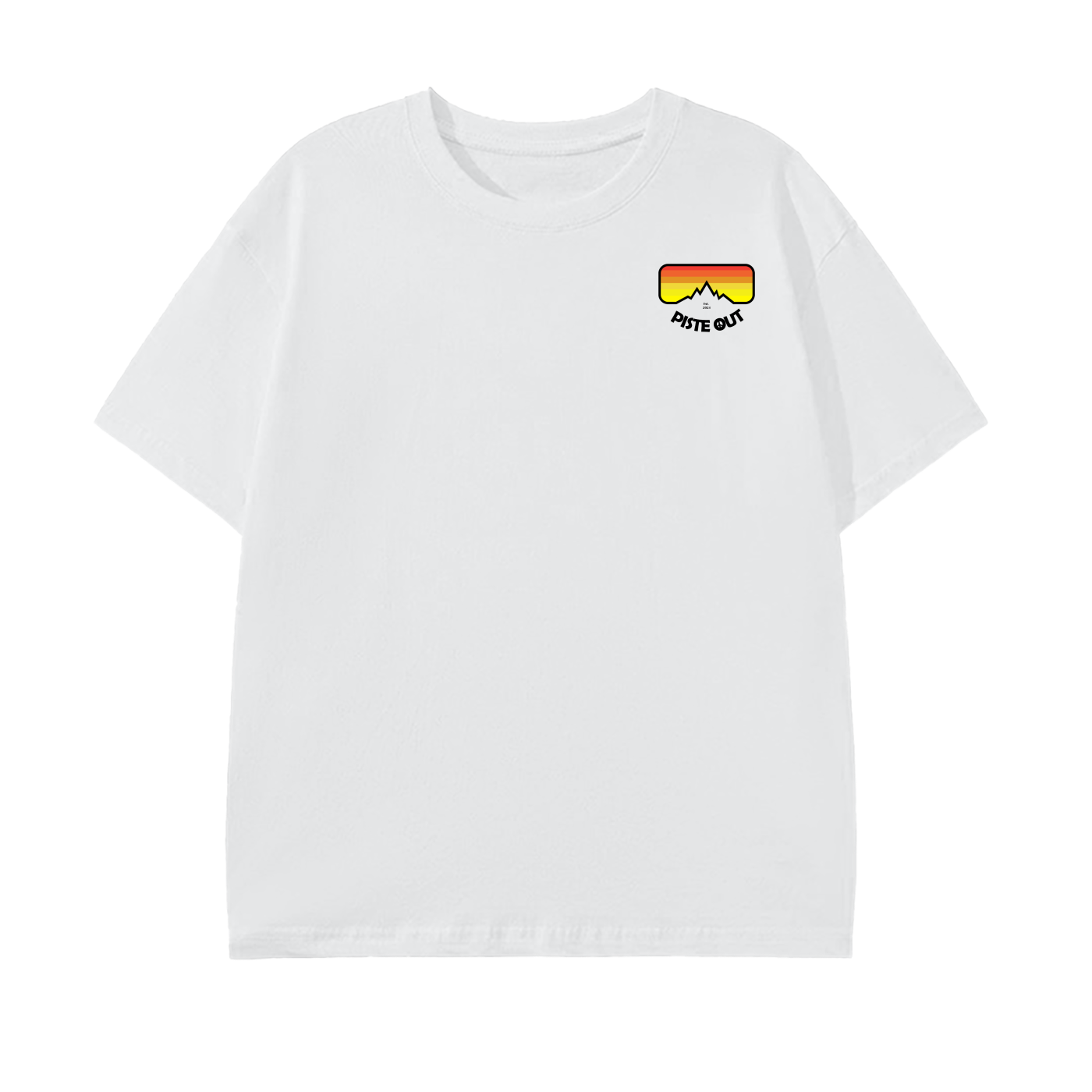 Front view of the Piste Out Logo Tee in Snow white, showing the bold Piste Out logo across the chest on a crisp white cotton shirt. Relaxed unisex fit and short sleeves for clean alpine style.