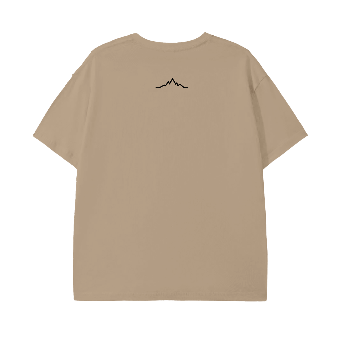 Back view of the Piste Out Logo Tee in Khaki, displaying the small black mountain line design below the neckline on a peach-tone cotton shirt. Minimalist ski culture style.