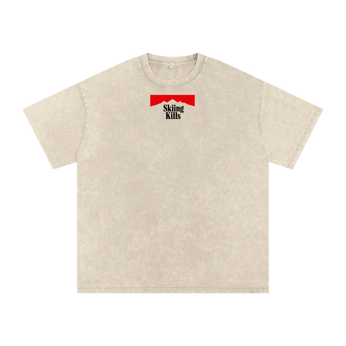 A tan short-sleeve t-shirt with a mineral-washed texture, featuring a red and black graphic on the center chest that reads 'Skiing Kills' with a mountain silhouette. The t-shirt is displayed flat against a solid white background.
