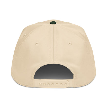 Back view of the Skip the Last hat in Green Circle, featuring the cream crown, forest green brim, and adjustable snapback closure.
