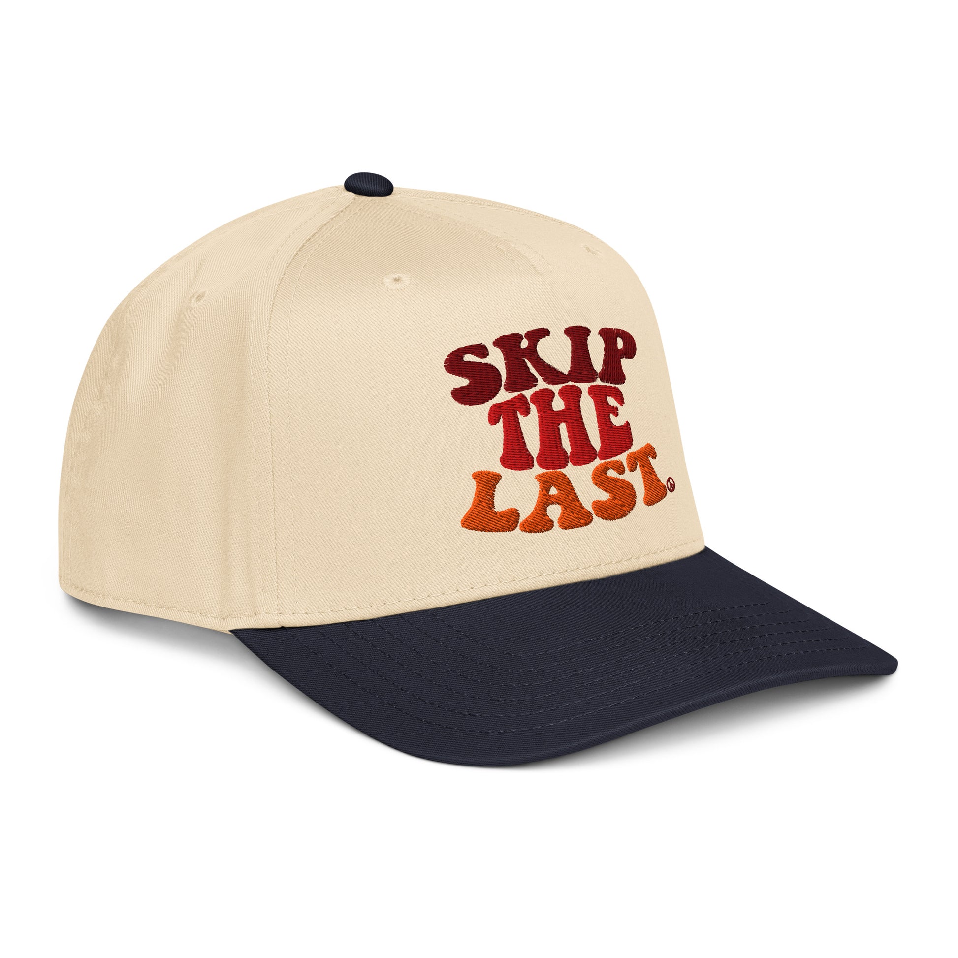 Right angled view of the Skip the Last hat in Blue Square, with cream crown, navy brim.