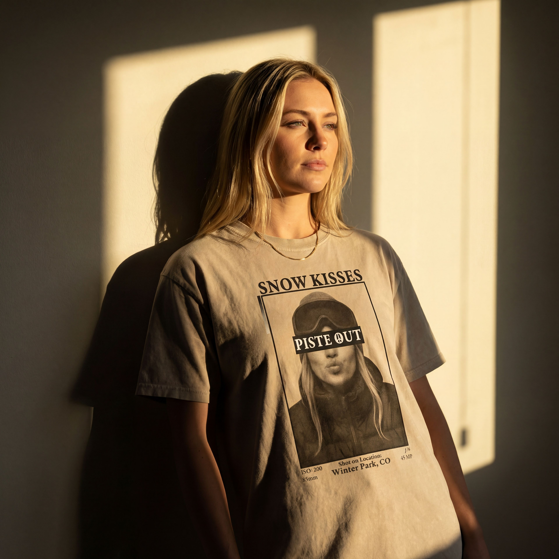 Front model shot of Snow Kisses tee in Apricot. Female model leaning against a wall with shadows. 