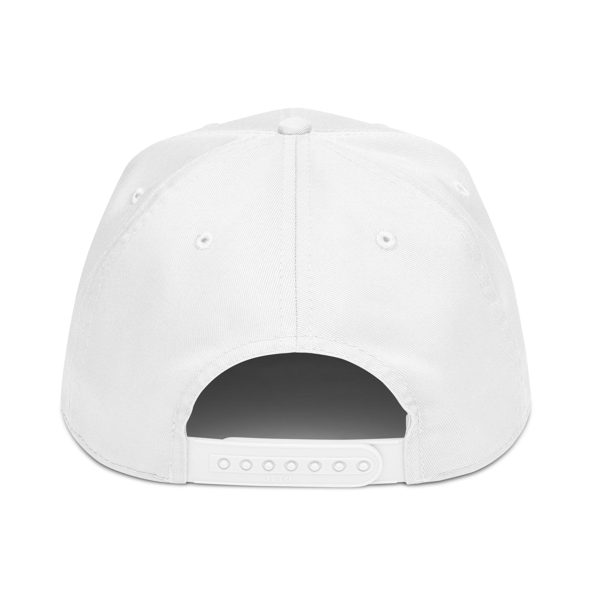 Back view of Snow Sunset Peaks snapback cap in white with adjustable snap closure.