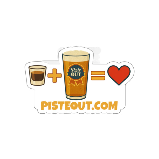 Alta Bomb sticker featuring shot plus beer pint equals heart ski culture design with PisteOut.com text.