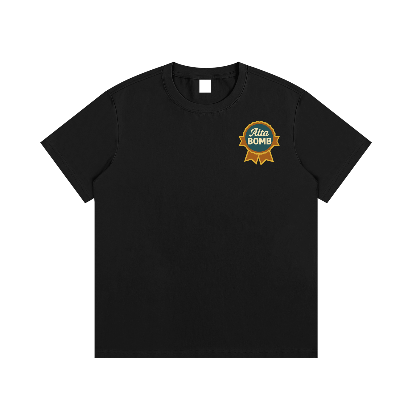 Front view of black diamond Alta Bomb après ski tee with gold and teal front badge graphic.