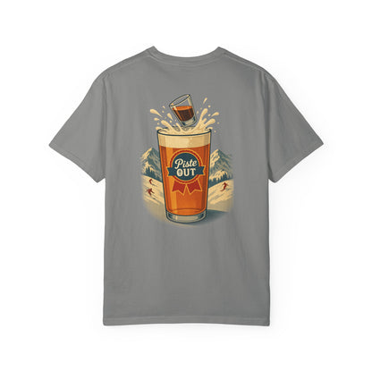 Back view of graphite grey Alta Bomb après ski shirt with pint splash illustration.