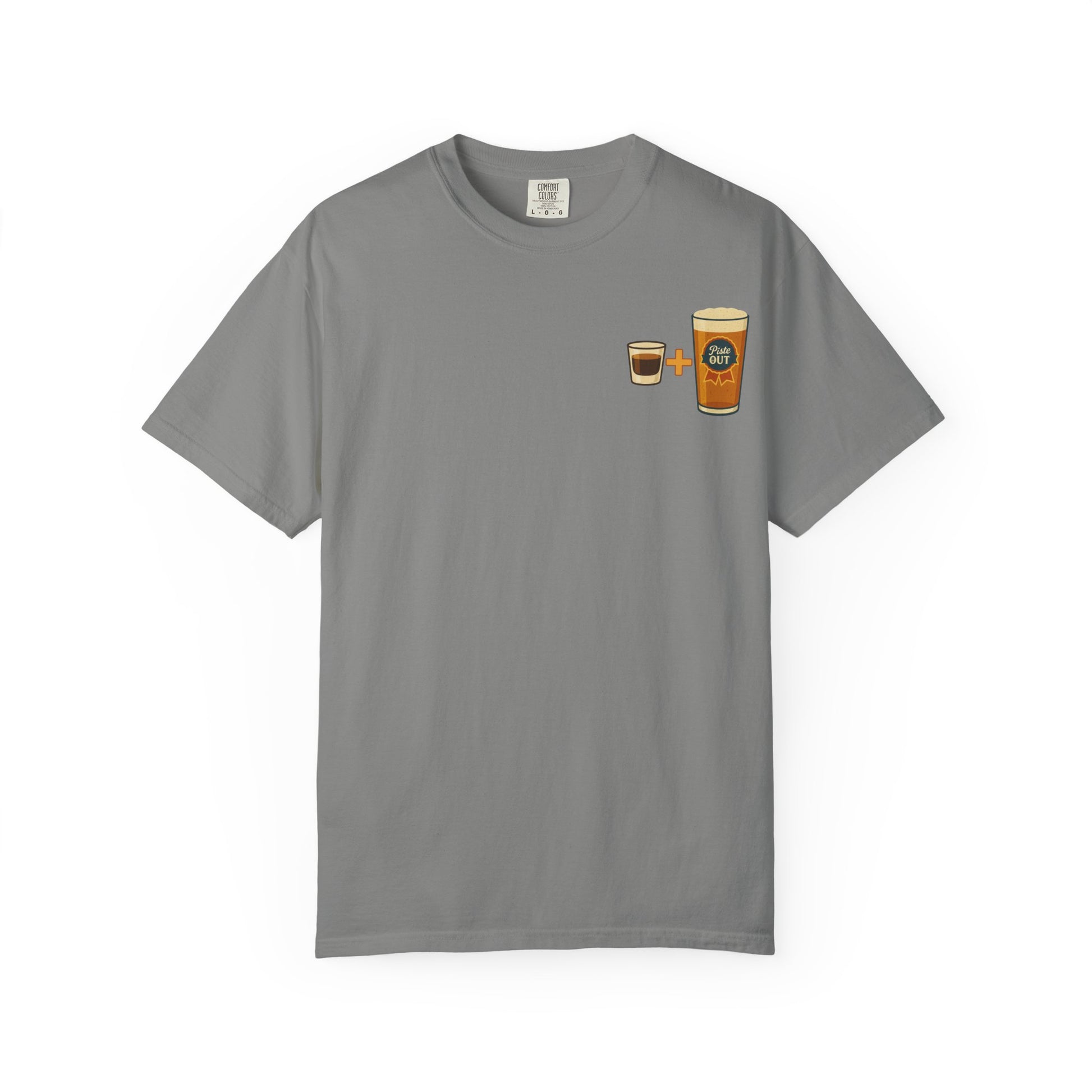 Flat front view of graphite grey Alta Bomb après ski t-shirt with pint and shot glass.