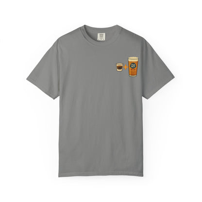 Flat front view of graphite grey Alta Bomb après ski t-shirt with pint and shot glass.