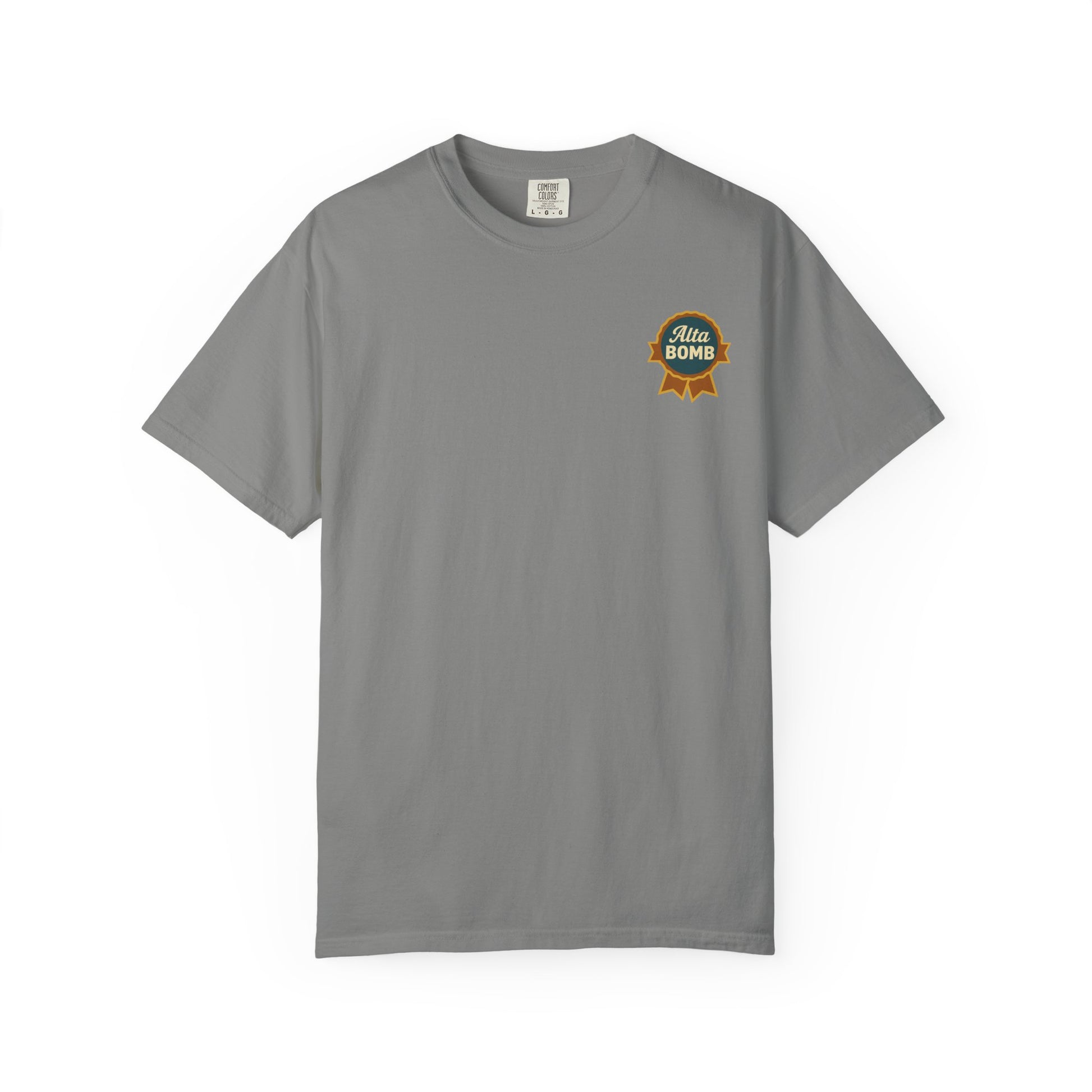 Flat lay gray Alta Bomb t-shirt with chest ribbon badge detail.