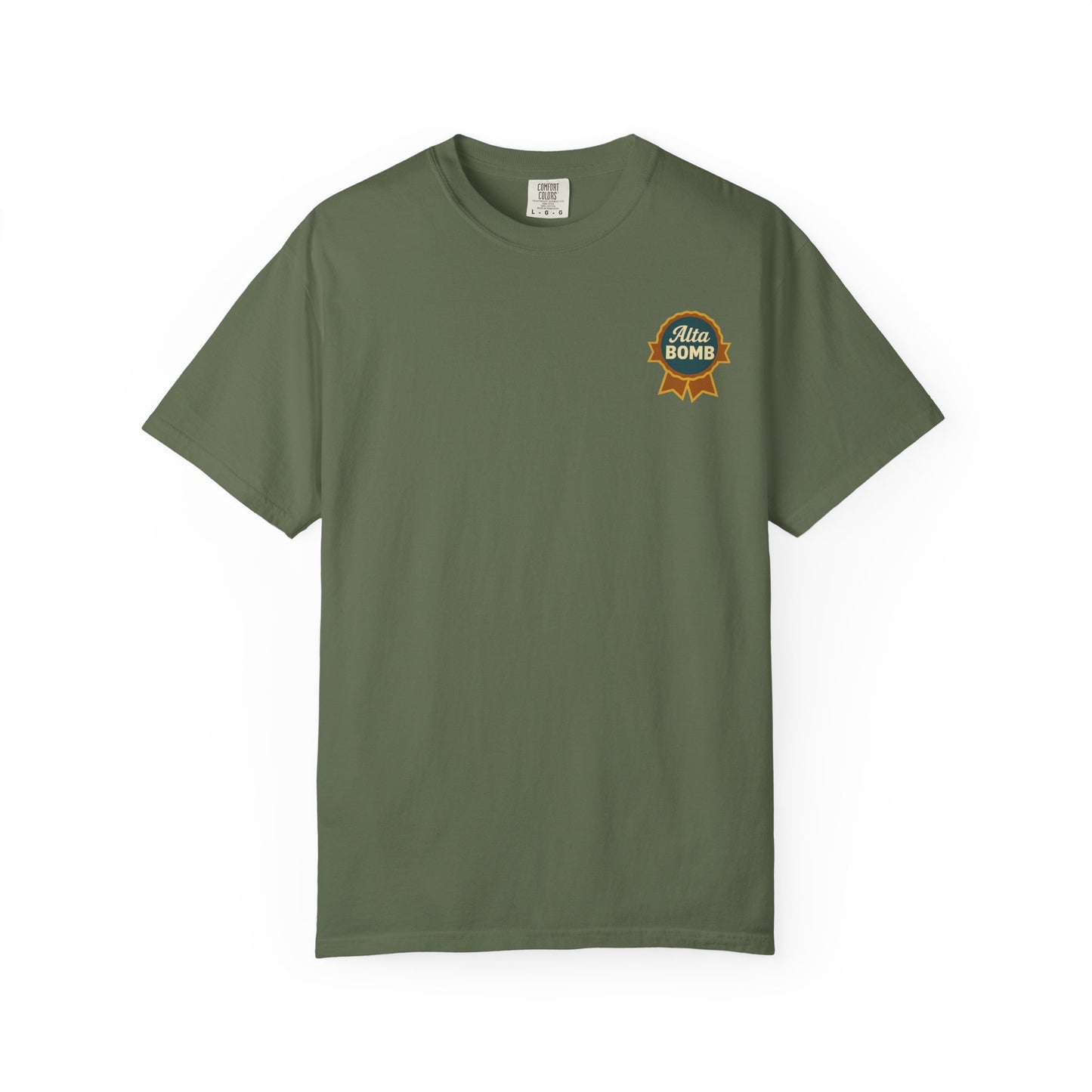 Flat lay forest green Alta Bomb t-shirt with ribbon badge chest design.