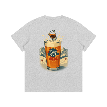 Back view of heather gray Alta Bomb tee with vintage beer splash graphic and Piste Out logo.