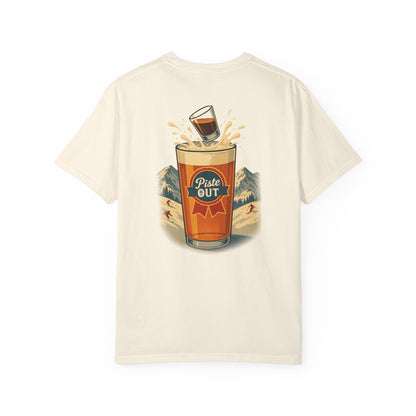 Back view of ivory Alta Bomb après ski shirt with pint glass splash design.