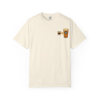 Flat front view of ivory Alta Bomb après ski t-shirt with pint and shot glass.