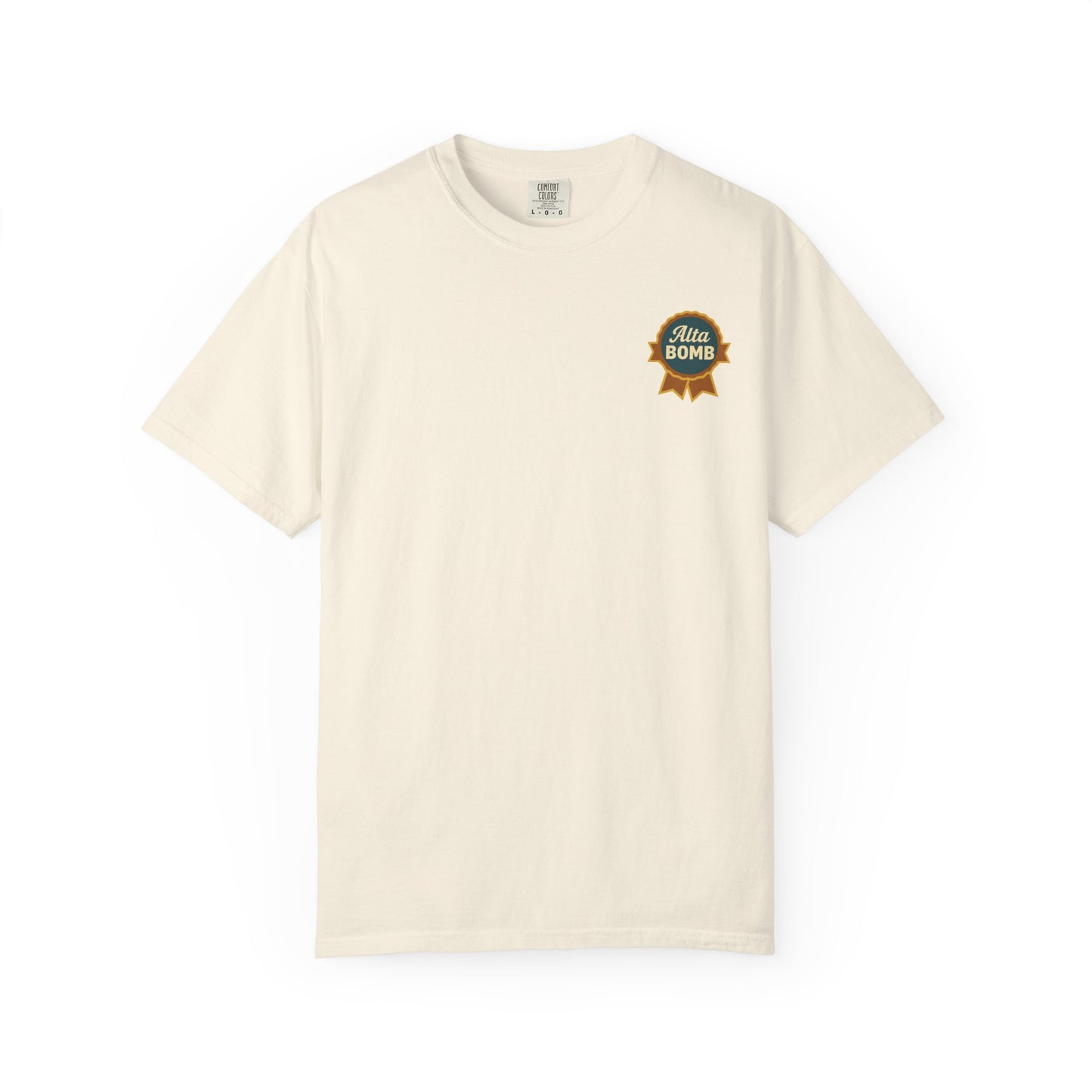 Front view of ivory Alta Bomb t-shirt with retro pint glass and espresso shot ski culture artwork.