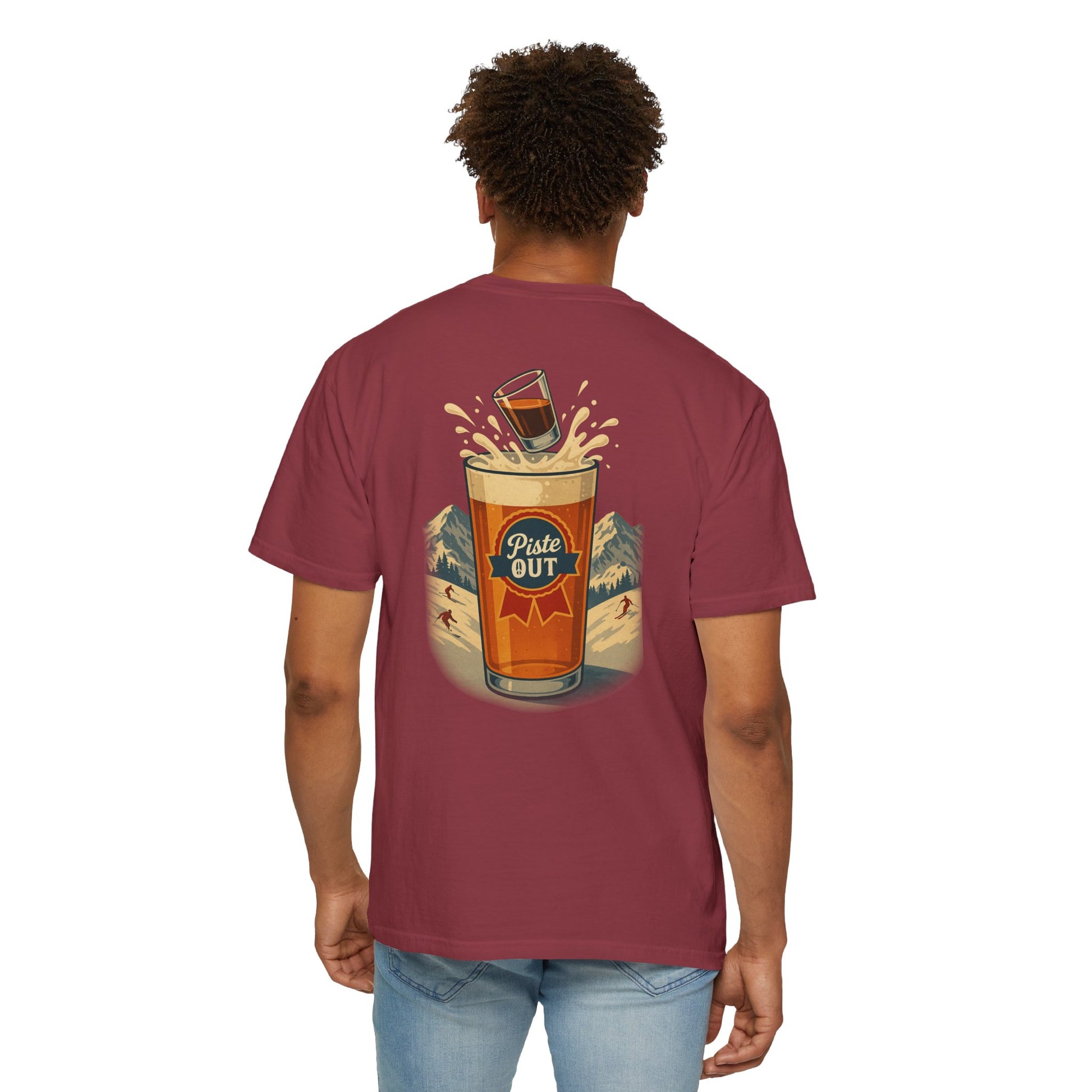 Model wearing maroon Alta Bomb après ski shirt, back pint glass splash design.