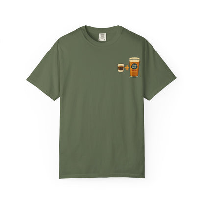 Back view of military green Alta Bomb après ski shirt with pint glass splash design.