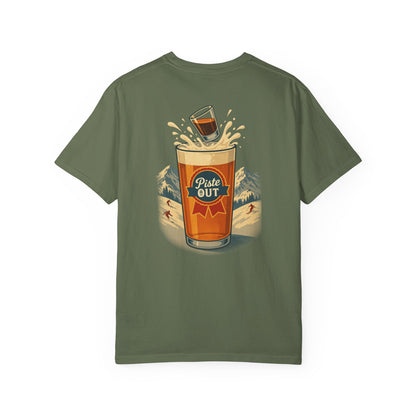 Front view of military green Alta Bomb après ski t-shirt with pint and shot glass.
