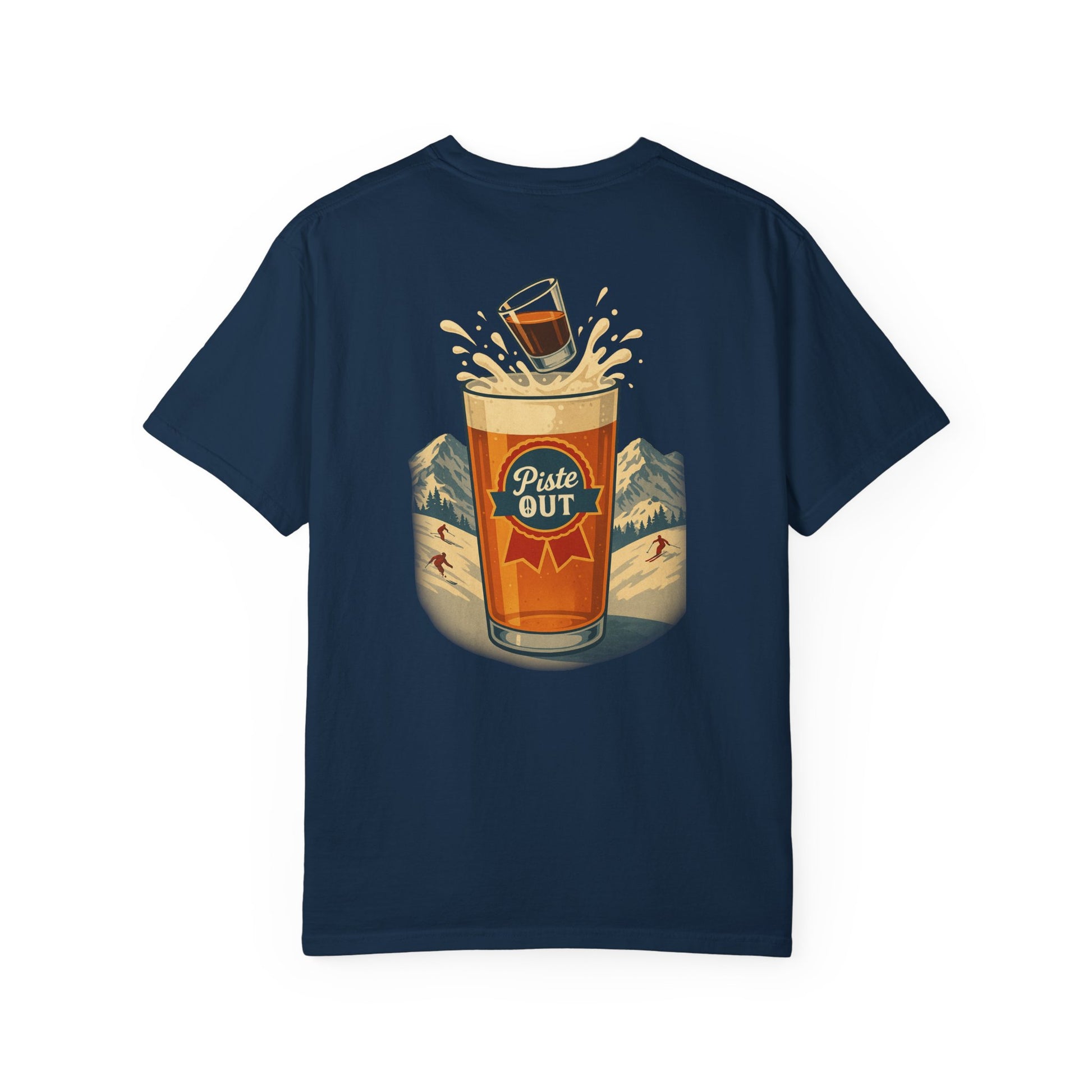 Back view of true navy Alta Bomb après ski shirt with pint splash illustration.
