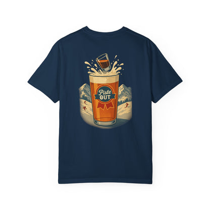 Back view of true navy Alta Bomb après ski shirt with pint splash illustration.