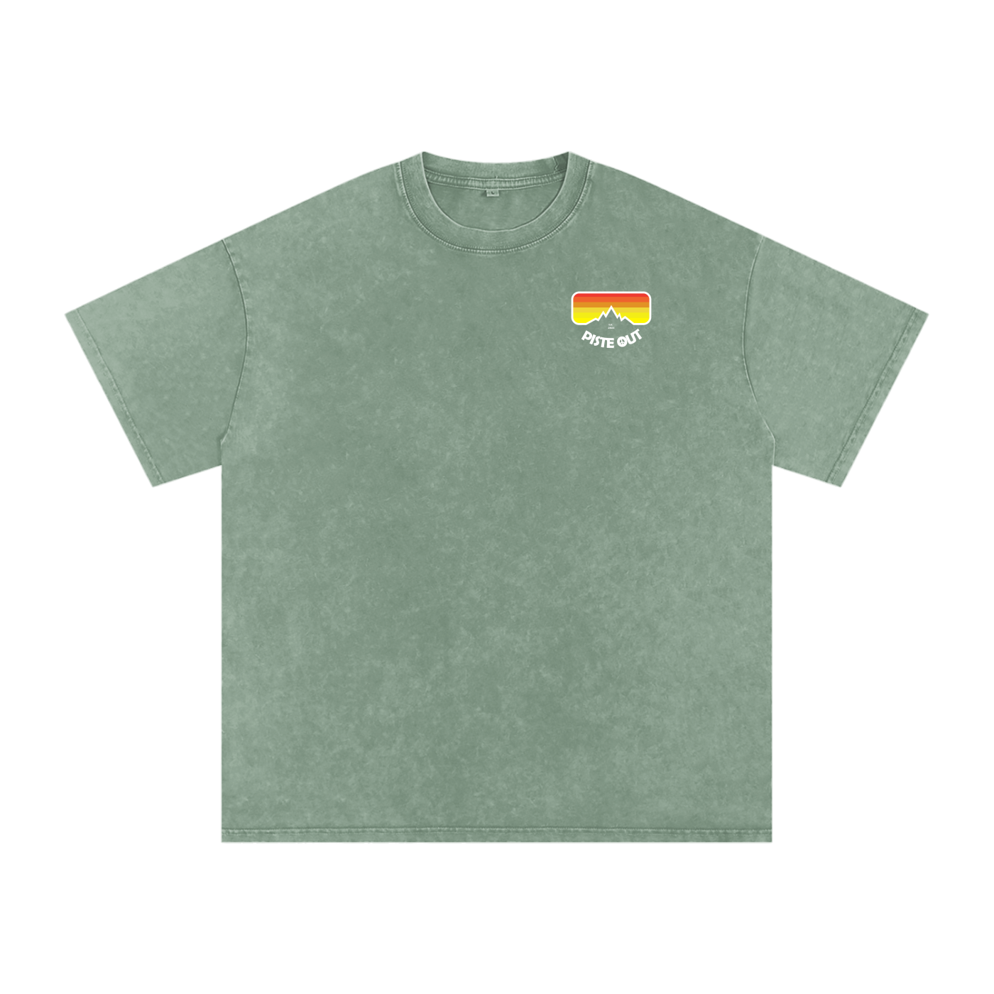 Front view of green circle American Gaper tee with small Piste Out goggle logo on the left chest.