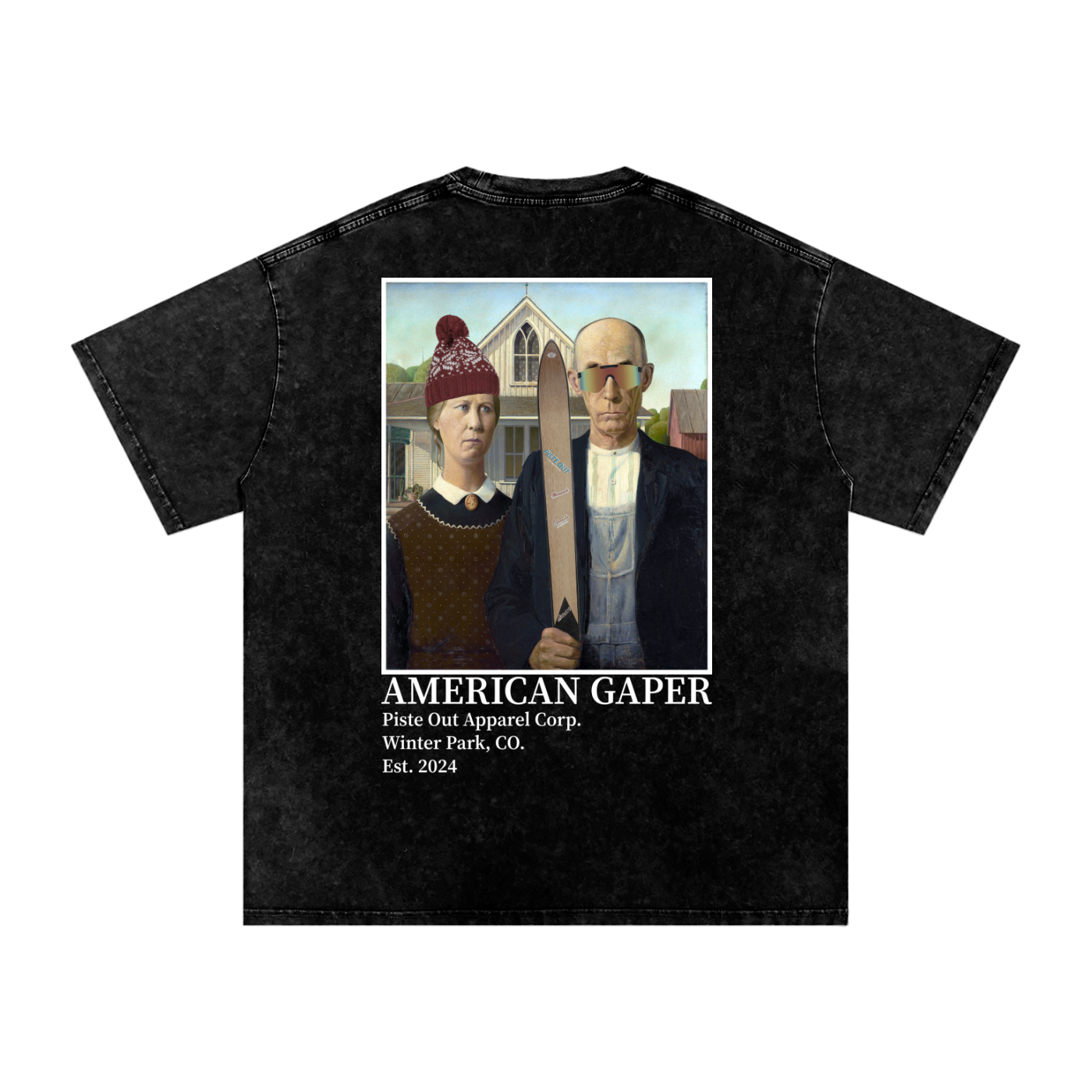 Back view of black diamond acid-wash American Gaper tee featuring ski parody artwork inspired by American Gothic.