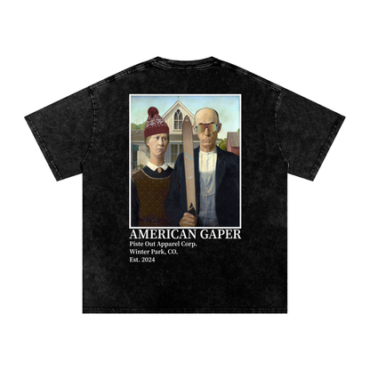 Back view of black diamond acid-wash American Gaper tee featuring ski parody artwork inspired by American Gothic.