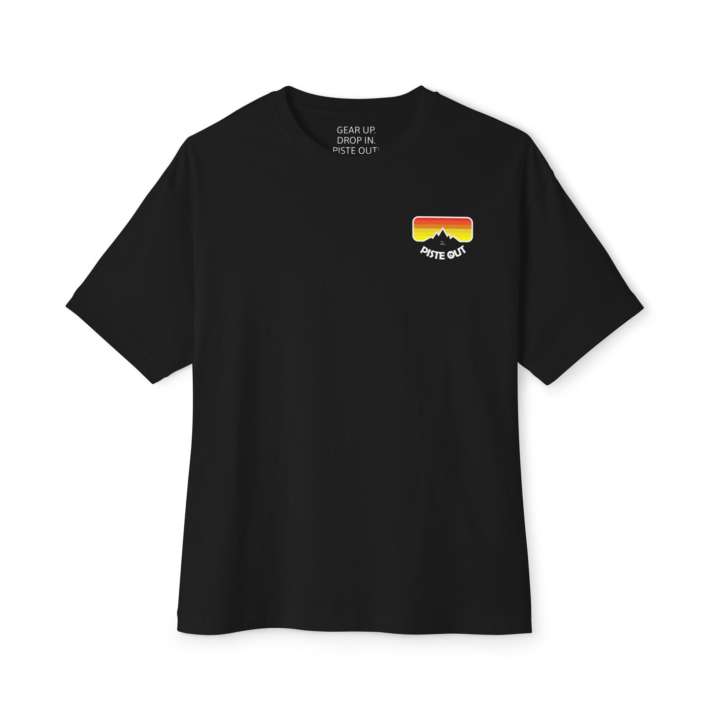 Black oversized t-shirt with retro ski goggle logo on front
