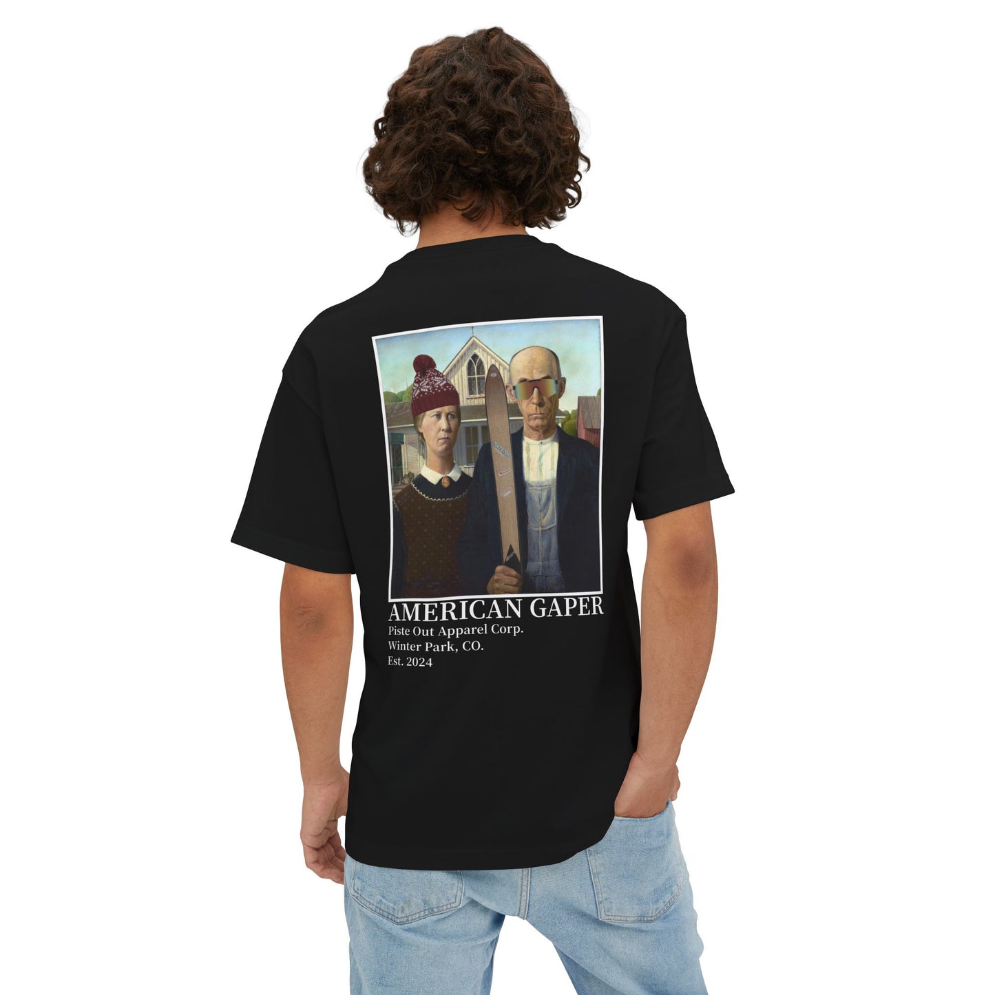 Model wearing black tee showing full back American gaper design