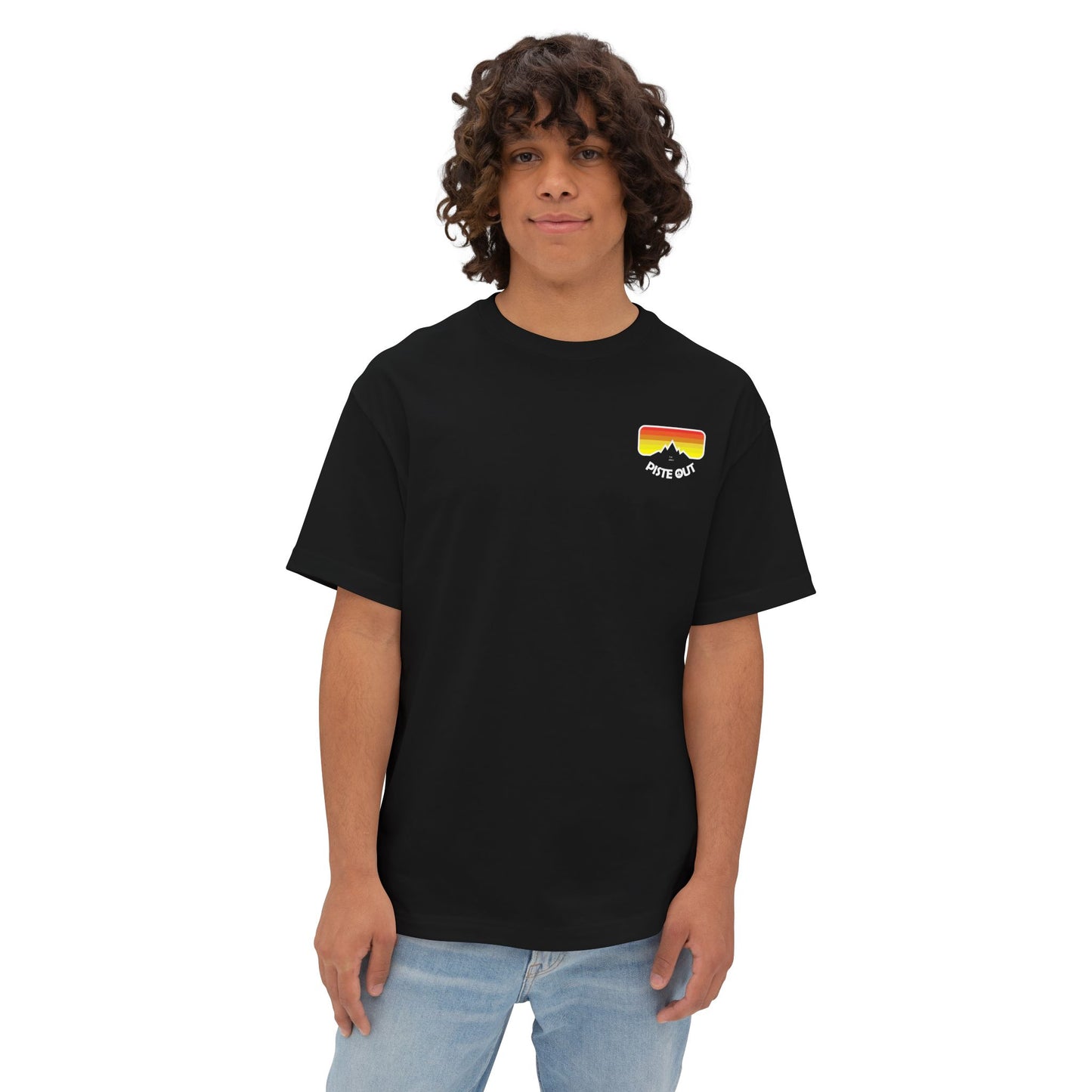 Model wearing black oversized ski shirt with logo on chest