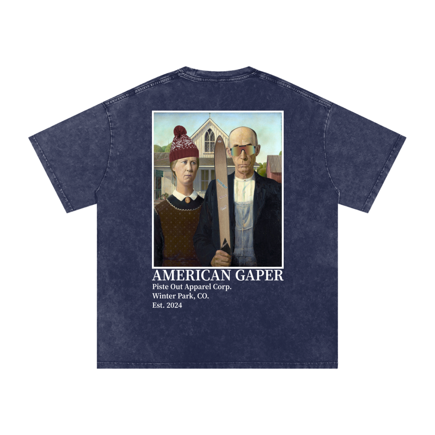 Back view of blue square American Gaper tee with humorous ski culture American Gothic design.