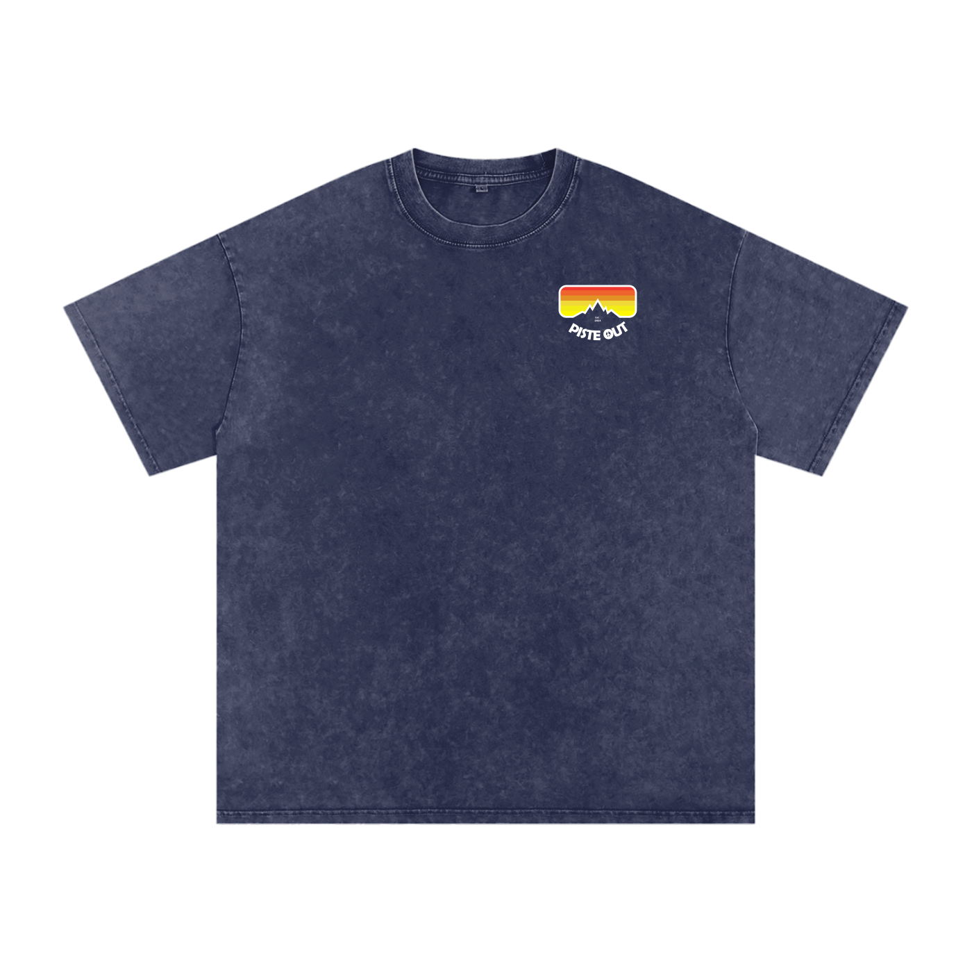 Front view of blue square American Gaper tee with small Piste Out goggle logo on the left chest.